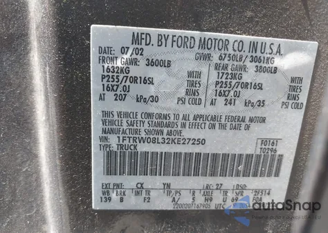 2002 Ford F-150 Lariat/Xlt из США, поврежденный, VIN 1FTRW08L32KE27250